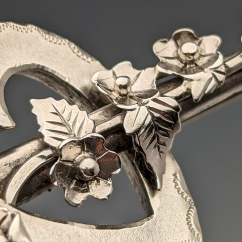 1900 British Antique Sterling Silver Open Heart & Plant Brooch Barker Brothers